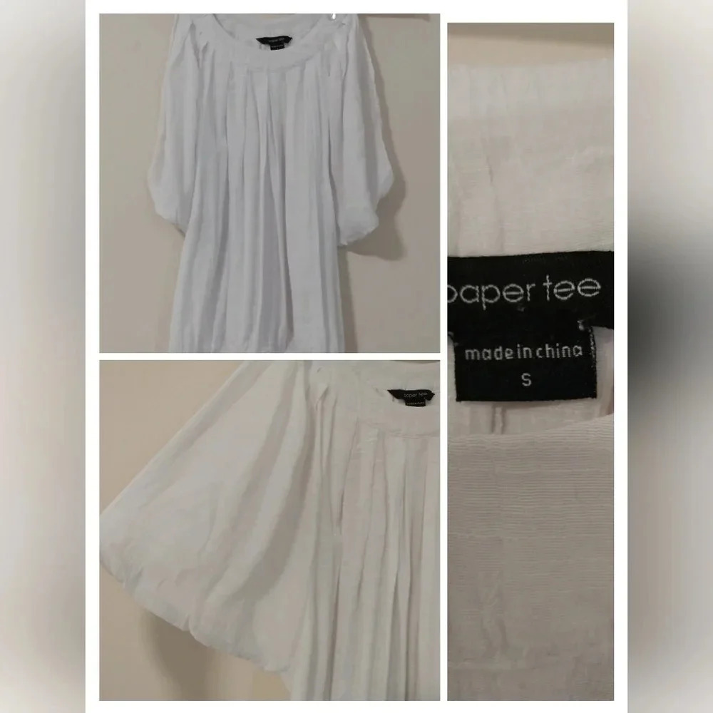 Paper tee Size SMALL White Sheer Mother of Pearl buttons Pleated Tie Waist Top